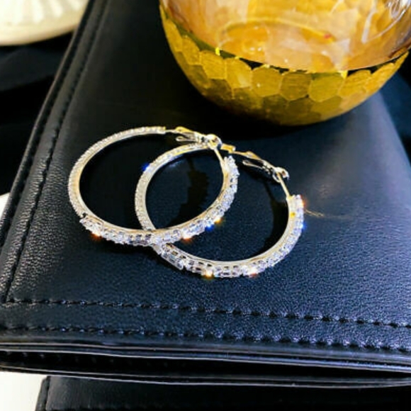 LAST ONE!! Beautiful Gold With White Sapphire Hoop Earrings - Picture 2 of 7